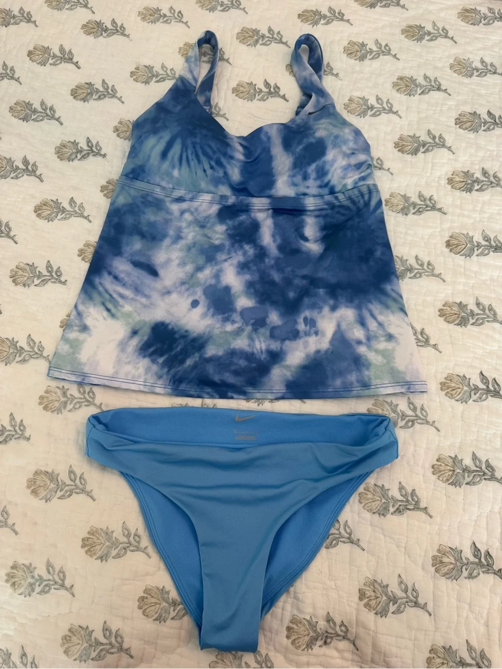 Nike Blue Tie-Dye Tankini with Solid Light Blue Bikini Bottom